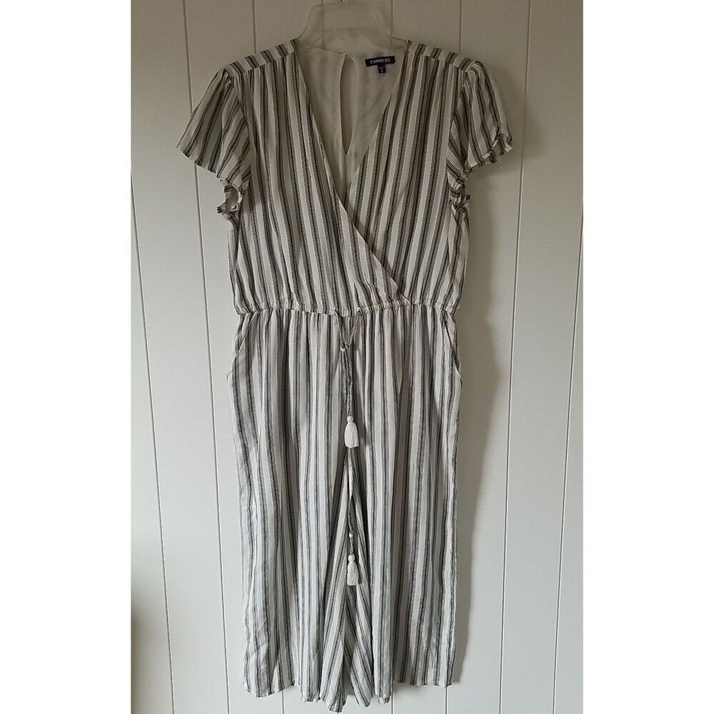 Express Jumpsuit Romper Women's Medium Wide Leg Striped Tassel Summer Relaxed